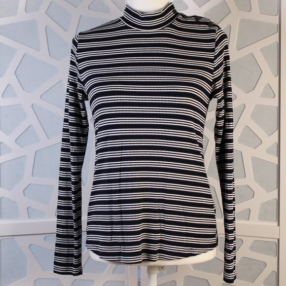 Free Assembly Women's Button Shoulder Mock Neck Ribbed Top, Dark Navy, Size Med - Picture 1 of 11